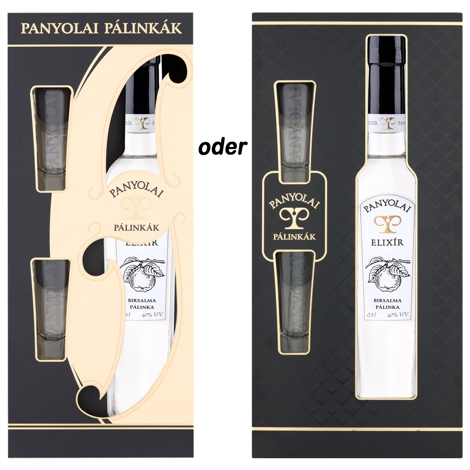 Panyolai Elixír Quitten-Brand & 2 Gläser in GePa / 40% Vol. 0,5 ltr. / beige oder schwarz