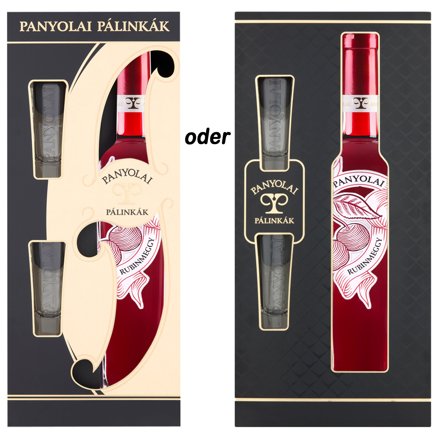 Panyolai Rubinroter Kirsch-Brand & 2 Gläser in GePa / 38% Vol. 0,5 ltr. / beige oder schwarz
