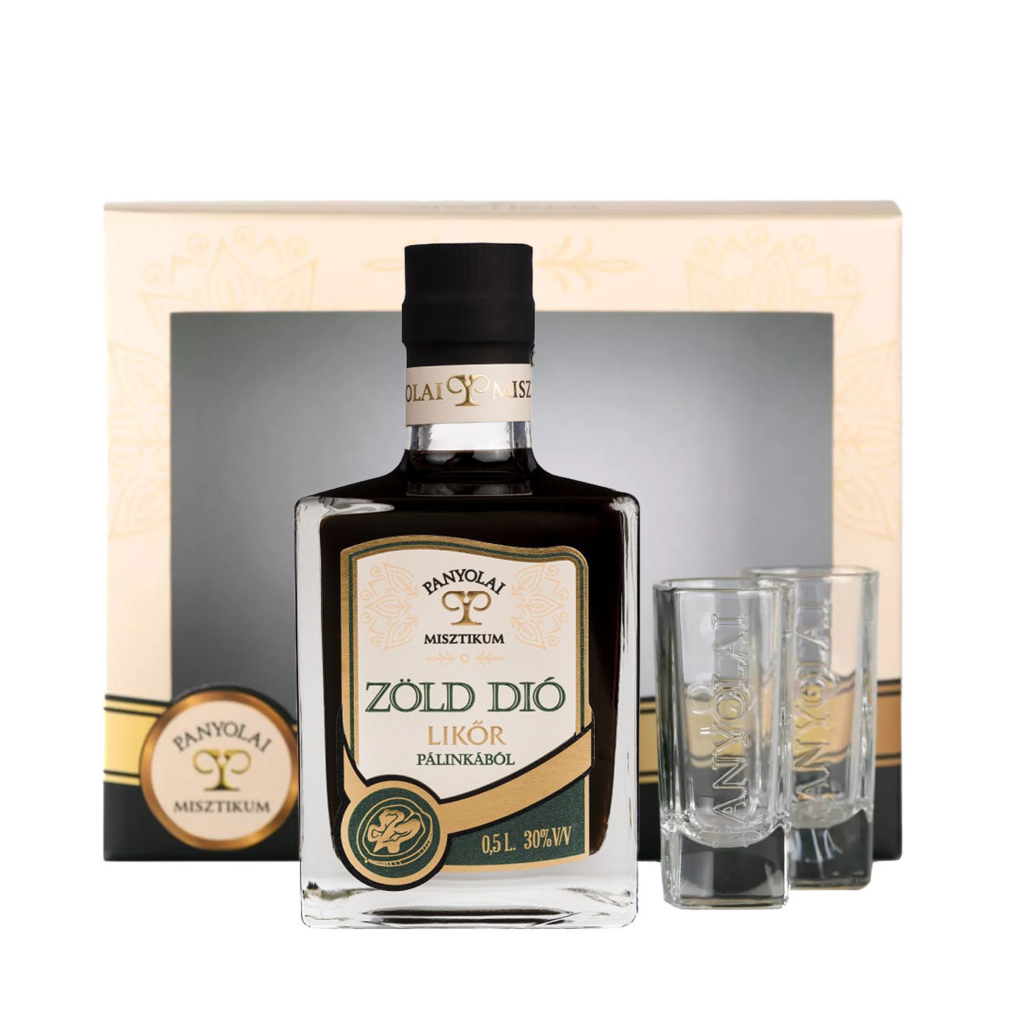 Panyolai Mystic grüner Walnusslikör Geschenkpack + 2 Gläser, 30% Vol. 0,5 ltr.