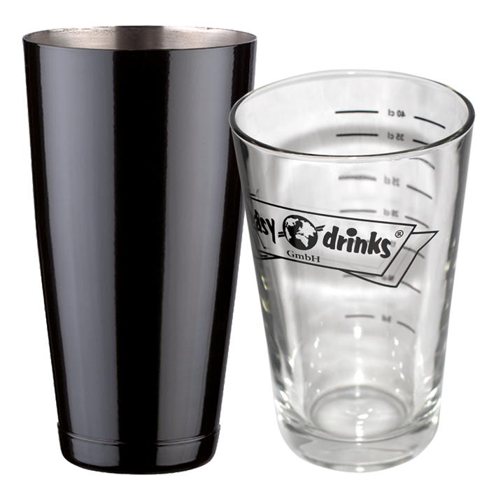 Boston Shaker, Edelstahlbecher schwarz und Glasaufsatz inclusive 5cl. Skala