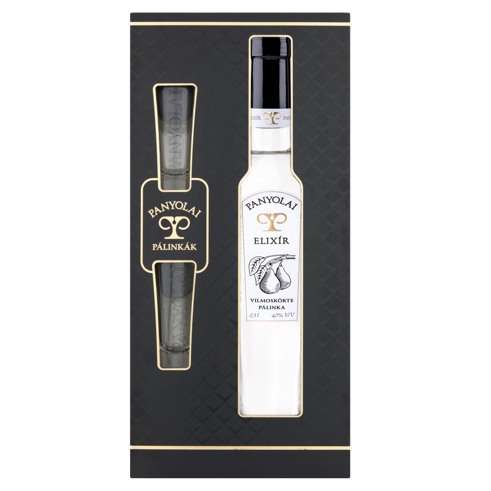 Panyolai Elixir Williamsbirne-Brand & 2 Gläser in Geschenkpack schwarz, 40% Vol. 0,5 ltr.