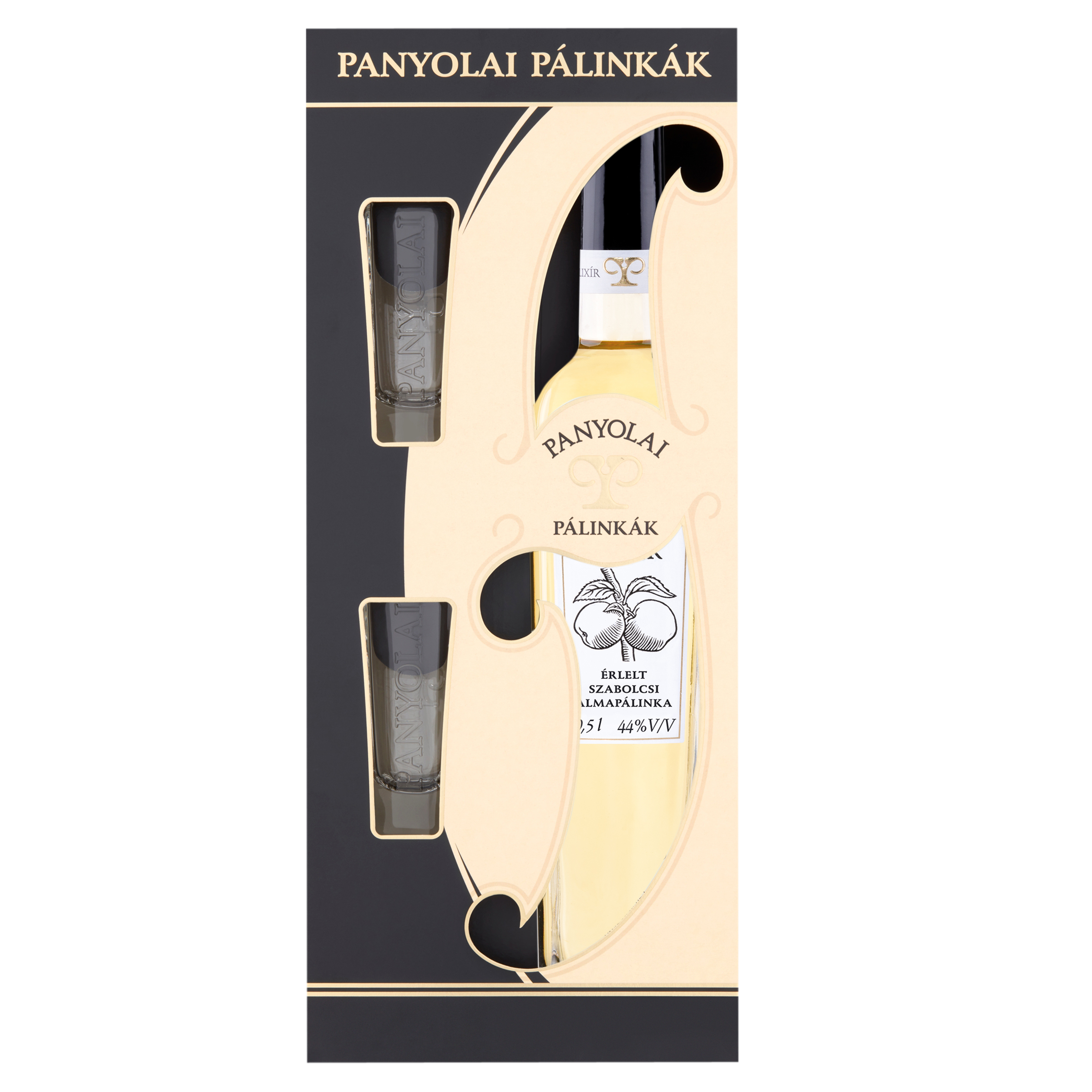 Panyolai  Elixír reifer Apfel-Brand & 2 Gläser in Geschenkpack beige, 44% Vol. 0,5 ltr.