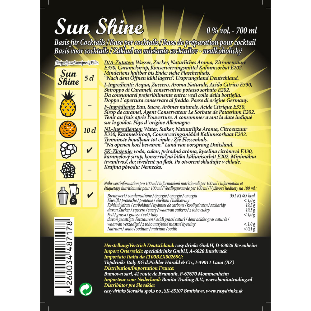 SUN SHINE / Fertigcocktail / alkoholfrei 0,7 ltr. /easy drinks