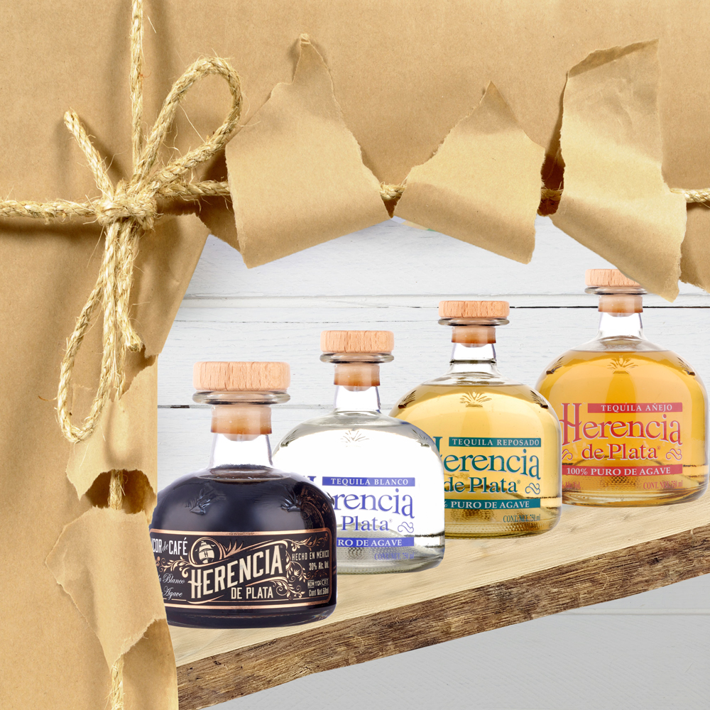 Tequila Miniaturen 4er Set: Herencia de Plata Blanco, Reposado, Anejo & Kaffee Likör 0,05 ltr.