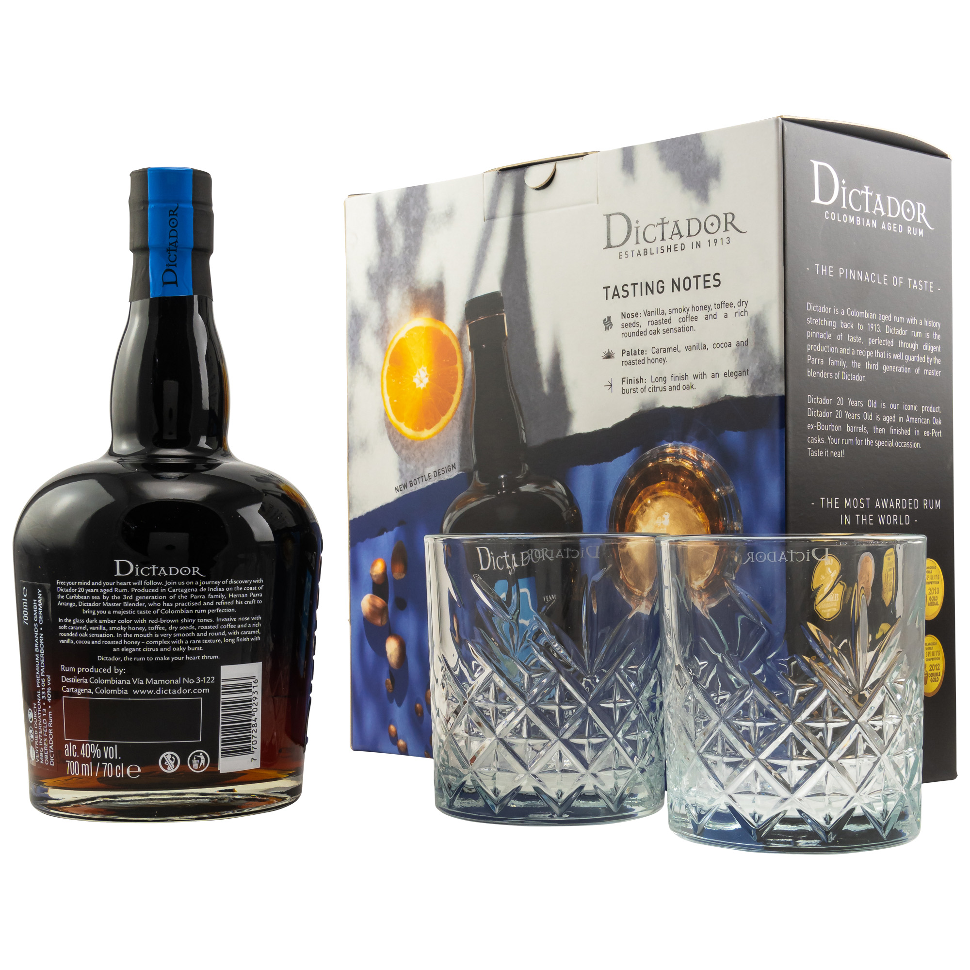 Dictador 20 Jahre Set incl. 2 Gläser / Icon Reserve Colombian Rum / 40% Vol. 0,7 ltr.