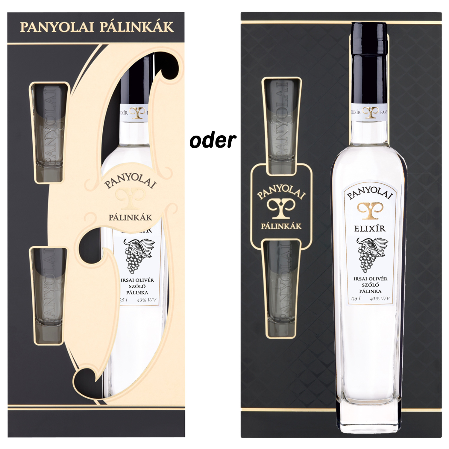 Panyolai Elixír Irsai Oliver Trauben Brand & 2 Gläser in GePa / 45% Vol. 0,5 ltr. / beige oder schwarz