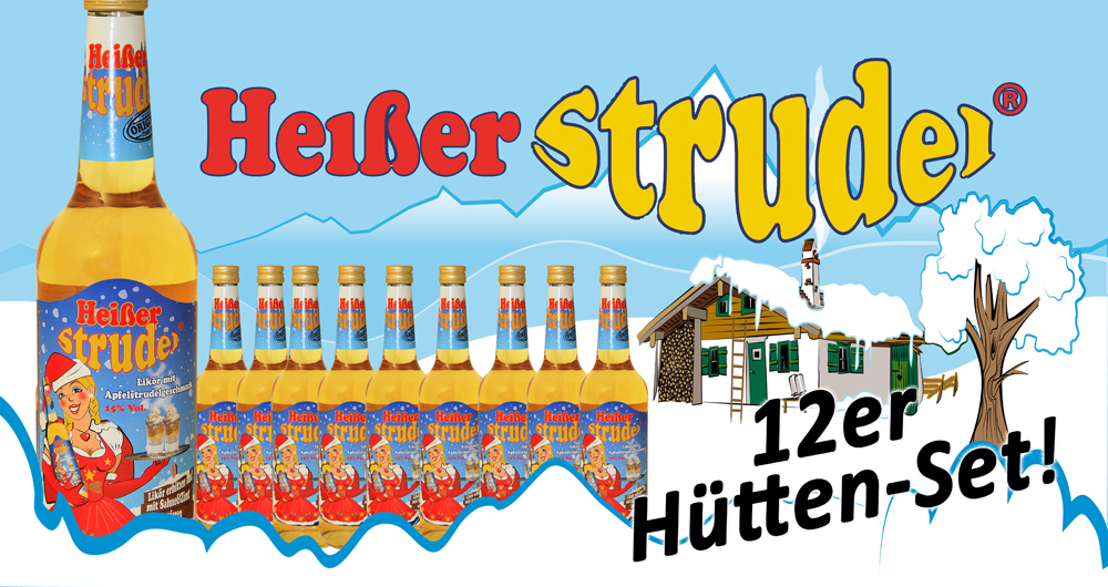 Heißer Strudel Hütten Set / 12 x 0,7 ltr. / 15% Vol. / Likör mit Apfelstrudelgeschmack  