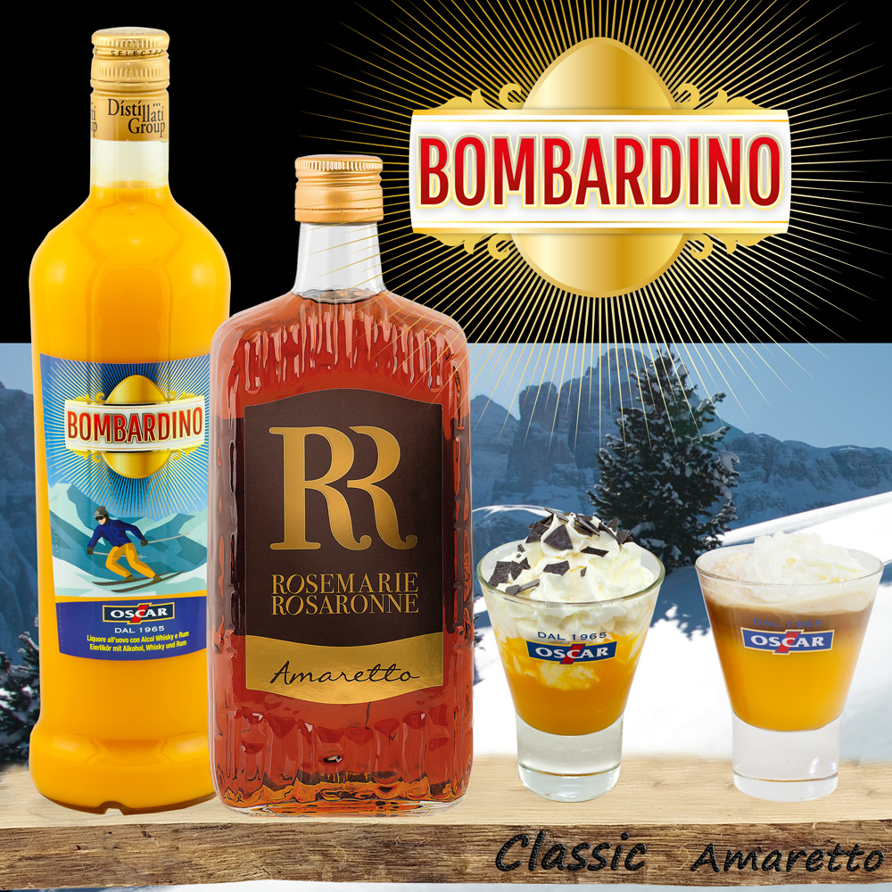 Spar-Set: Oscar Bombardino 1,0 L / Amaretto Rosemarie 0,7 L / 3 BombardinoGläser