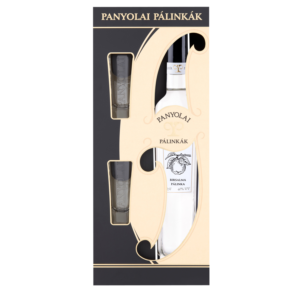 Panyolai Elixír Quitten-Brand & 2 Gläser in beigem Geschenkpack, 40% Vol. 0,5 ltr.