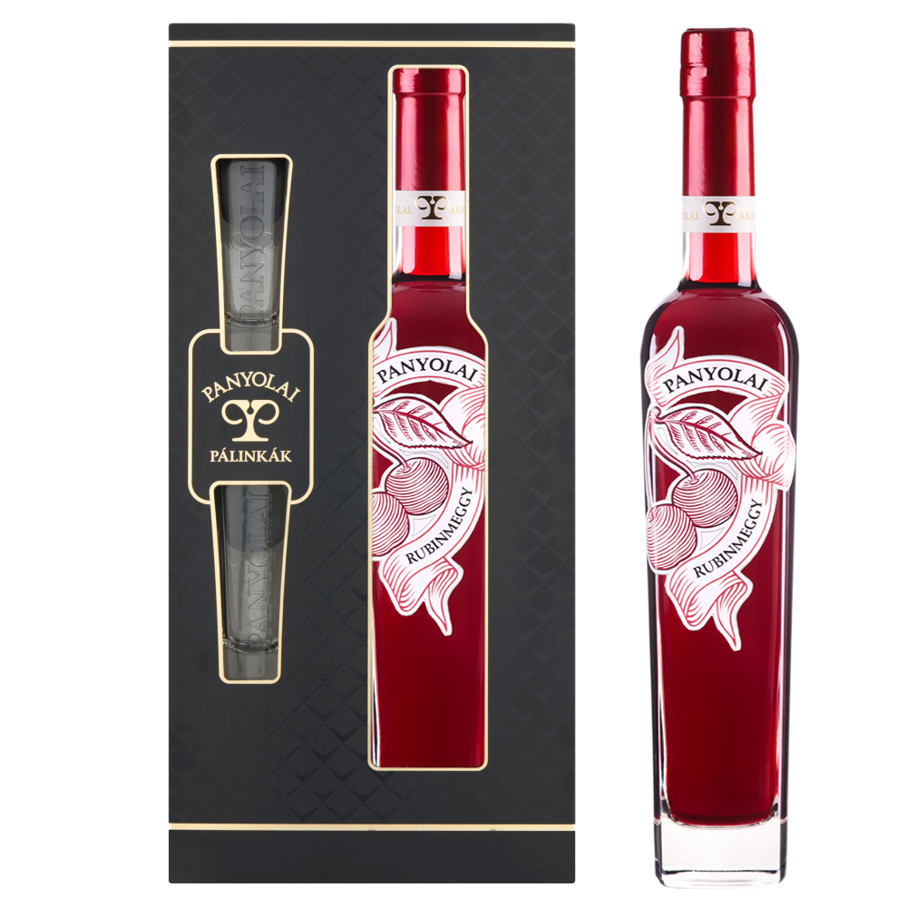Panyolai Rubinroter Kirsch-Brand & 2 Gläser in GePa / 38% Vol. 0,5 ltr. / beige oder schwarz