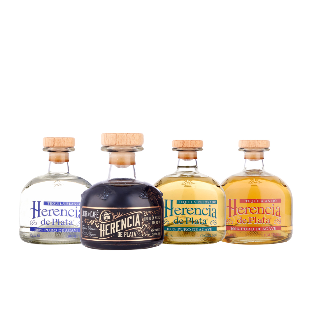 Tequila Miniaturen 4er Set: Herencia de Plata Blanco, Reposado, Anejo & Kaffee Likör 0,05 ltr.