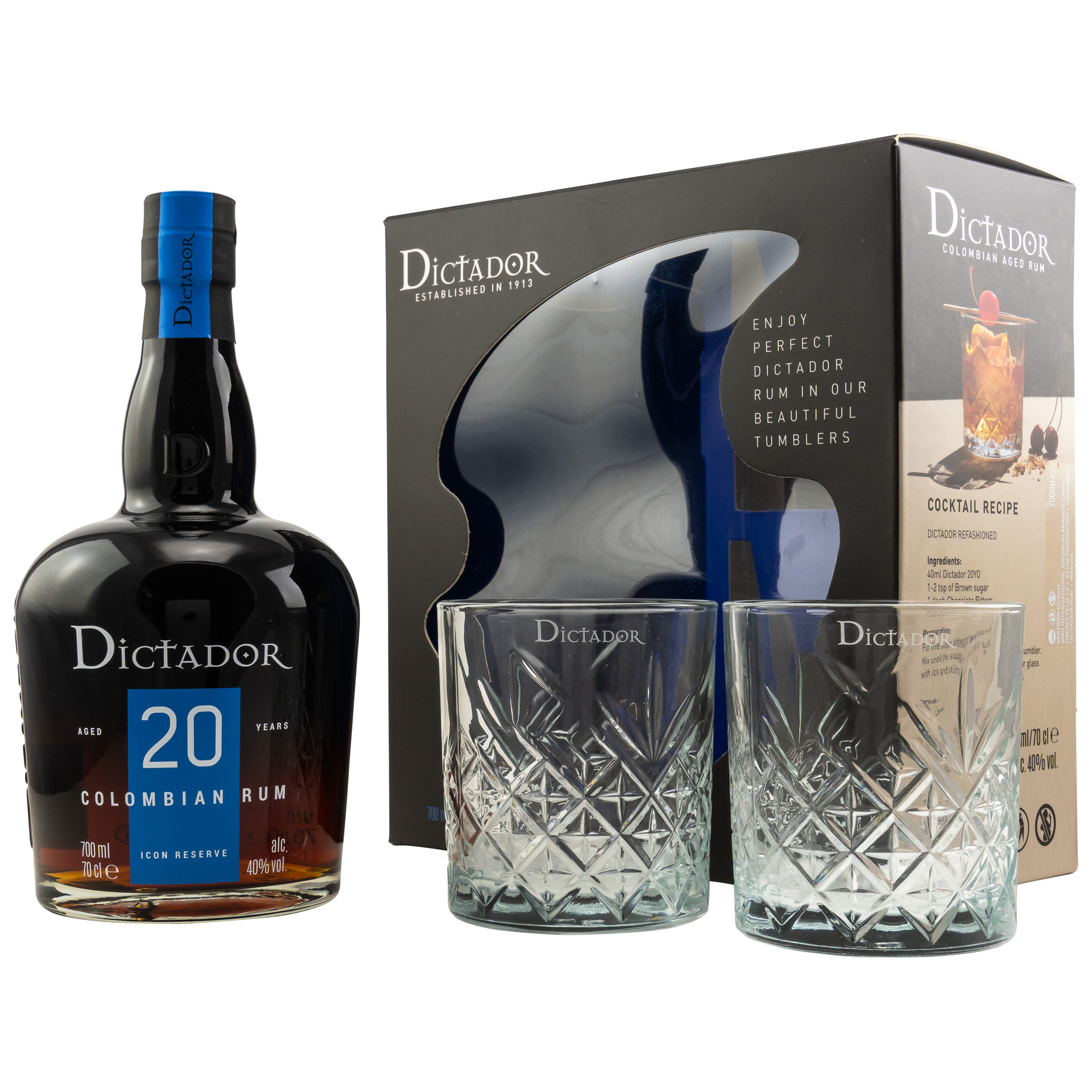 Dictador 20 Jahre Set incl. 2 Gläser / Icon Reserve Rum Kolumbien / 40% Vol. 0,7 ltr.