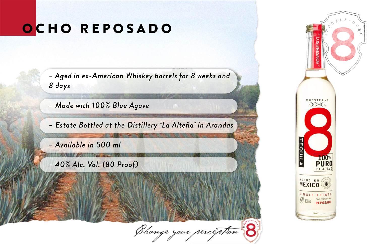Tequila Ocho Reposado 100% Agave, 40% Vol. 0,5 ltr.