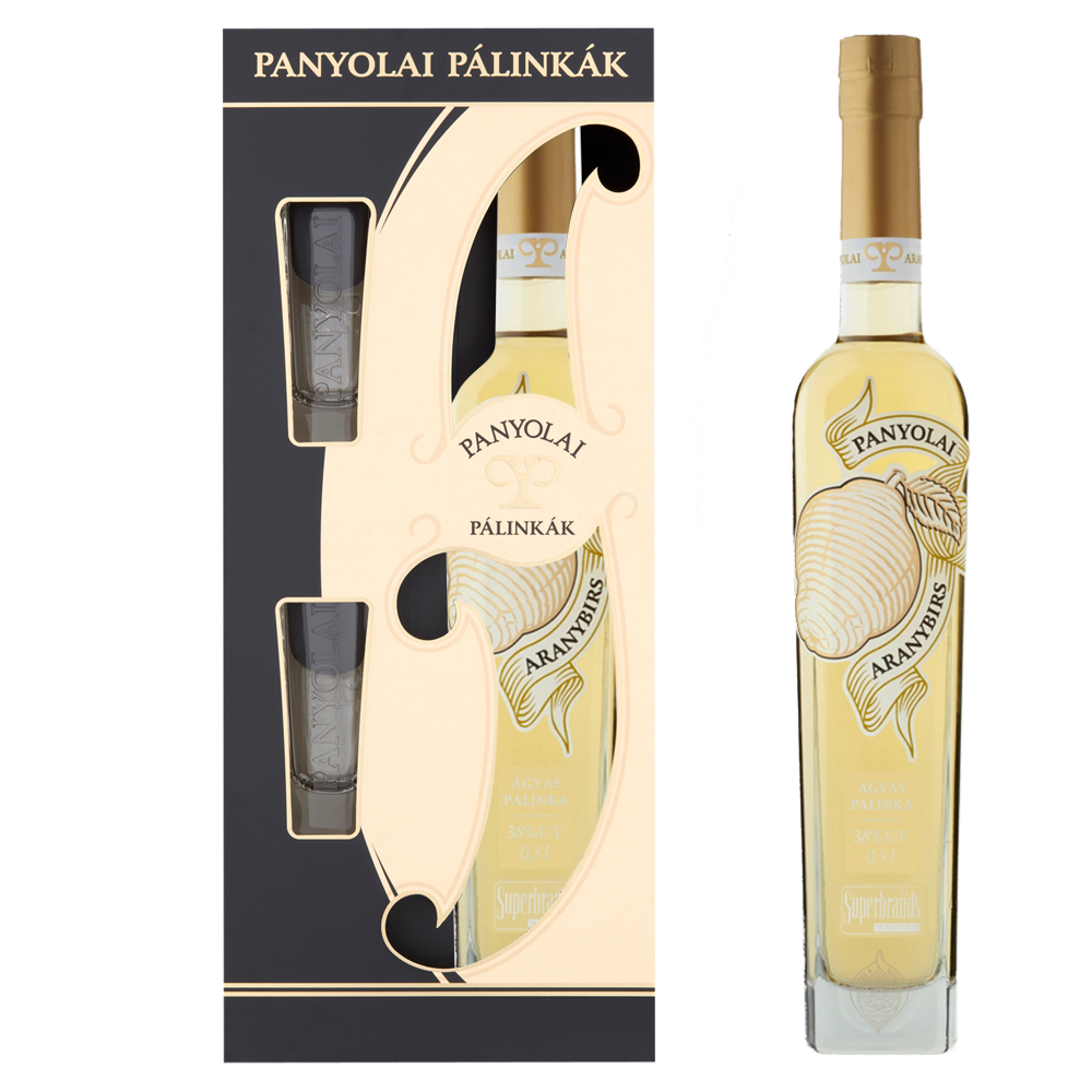 Panyolai Goldener Quitten-Brand & 2 Gläser in GePa / 38% Vol. 0,5 ltr. / beige oder schwarz