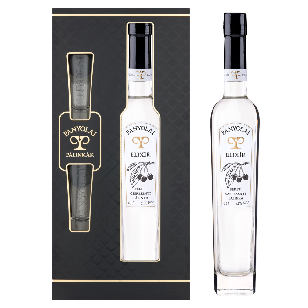 Panyolai Elixír Schwarzkirsch-Brand & 2 Gläser in schwarzem Geschenkpack, 42% Vol. 0,5 ltr.
