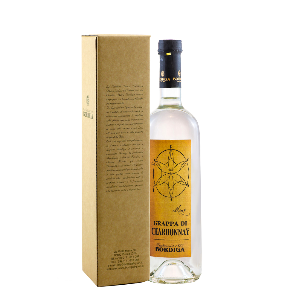 BORDIGA Grappa di Chardonnay, 38% Vol. 0,7 ltr. in Geschenkhülle