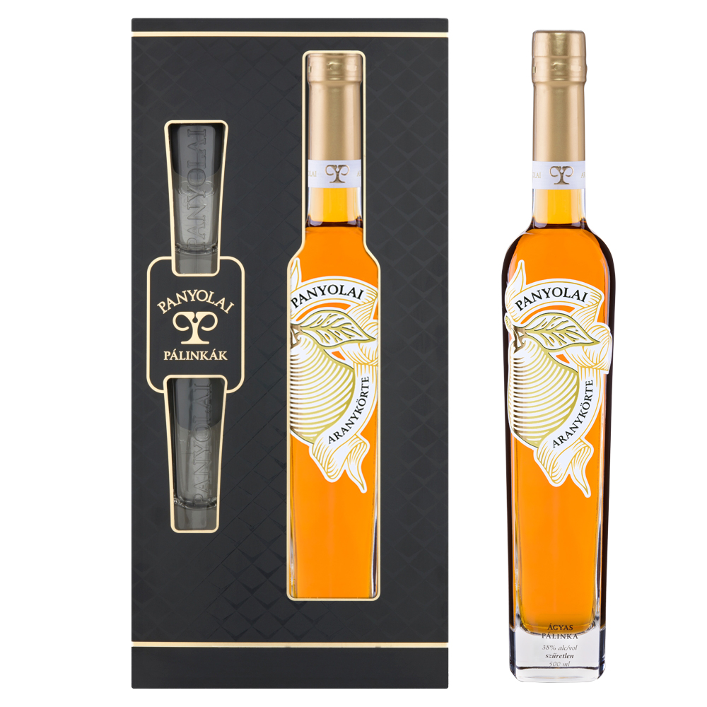 Panyolai Goldene Birne Brand & 2 Gläser in Geschenkpack schwarz, 38% Vol. 0,5 ltr.