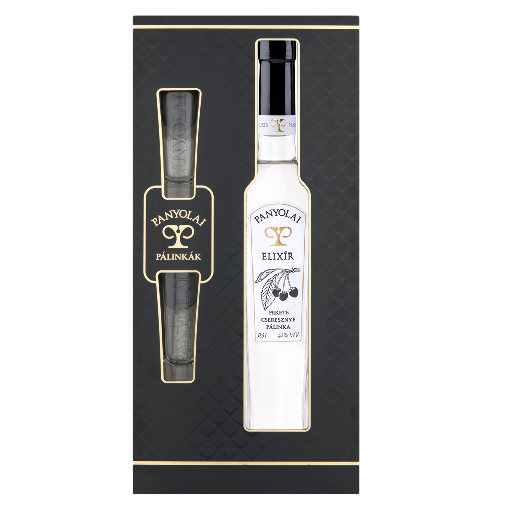 Panyolai Elixír Schwarzkirsch-Brand & 2 Gläser in GePa / 42% Vol. 0,5 ltr. beige oder schwarz