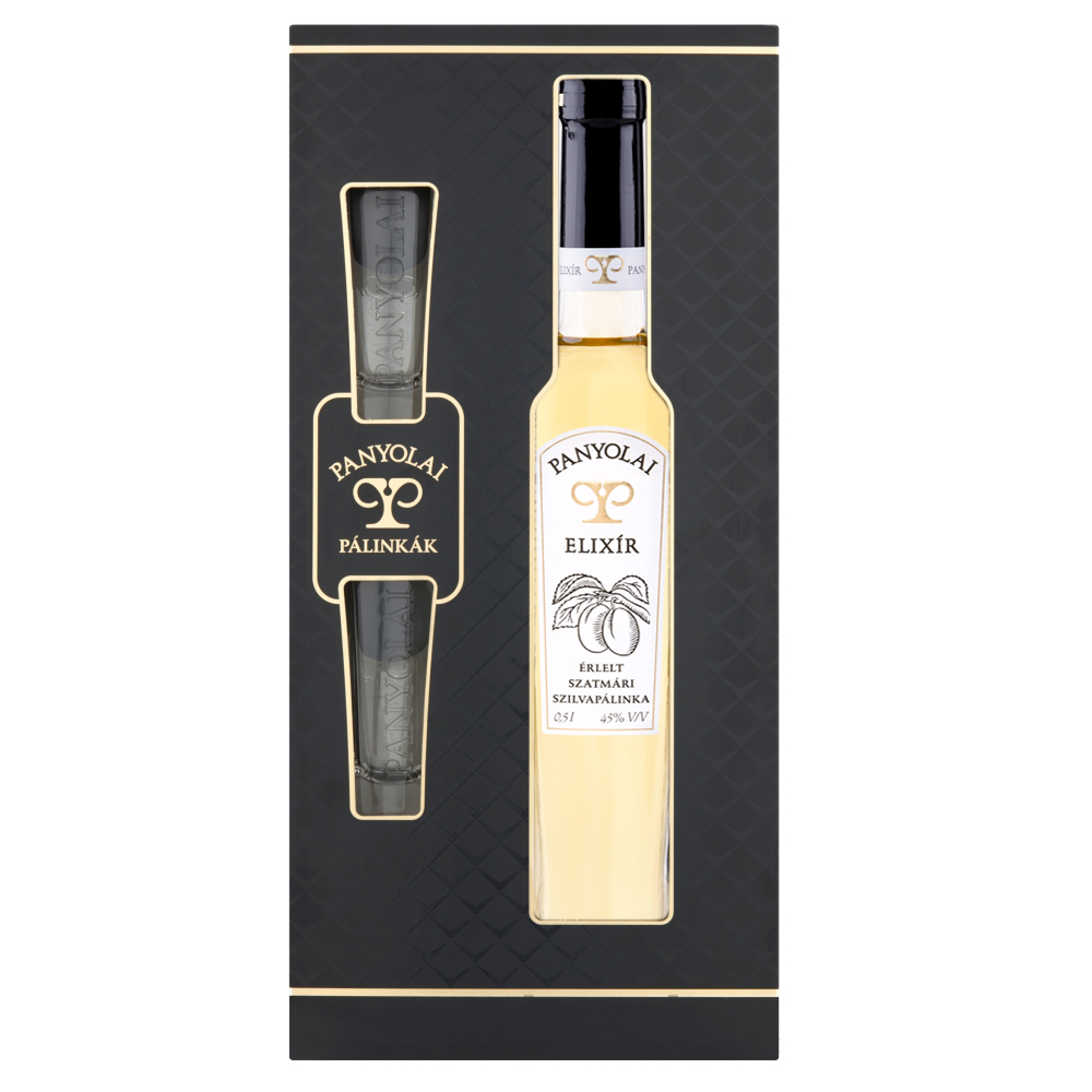 Panyolai Elixír reifer Pflaumen-Brand & 2 Gläser in GePa / 45% Vol. 0,5 ltr. / beige oder schwarz