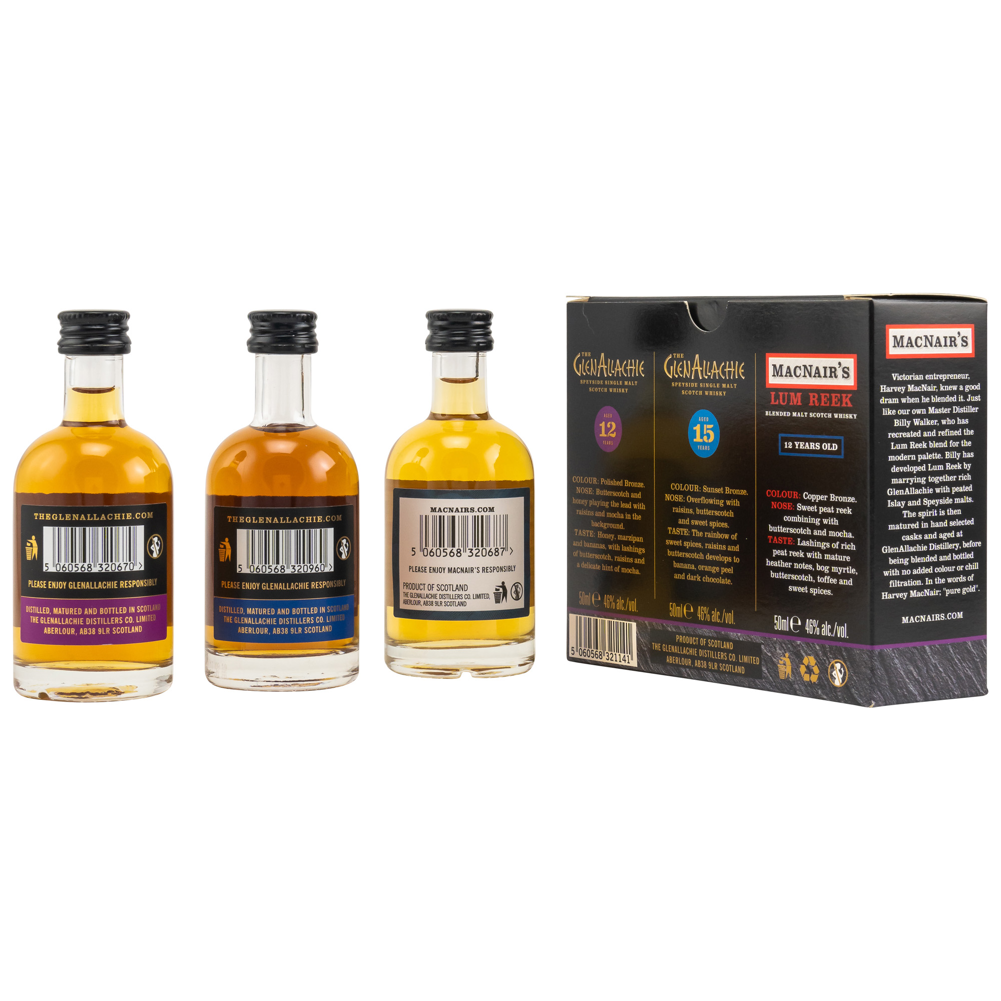 GlenAllachie Miniatur Collection (12J,15J,Lum Reek 12J) 46% Vol. je 0,05 ltr.