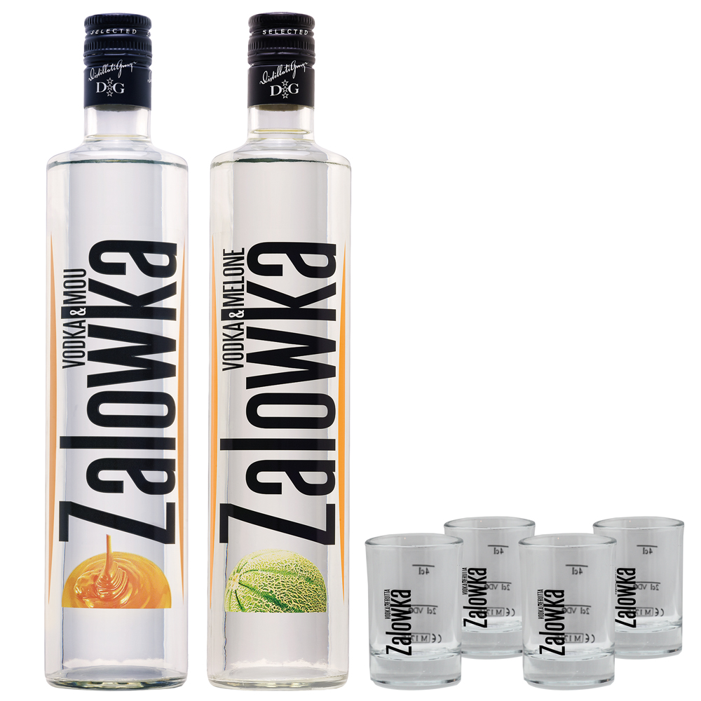 ZALOWKA Set: Vodka Melone / Karamell Likör je 21% Vol. 0,7 ltr. & 4 Gläser