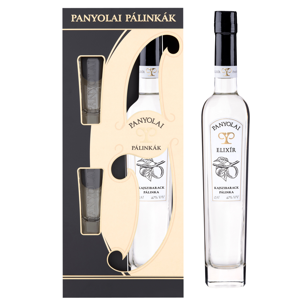 Panyolai Elixír Aprikosen-Brand & 2 Gläser in beigem Geschenkpack, 40% Vol. 0,5 ltr.