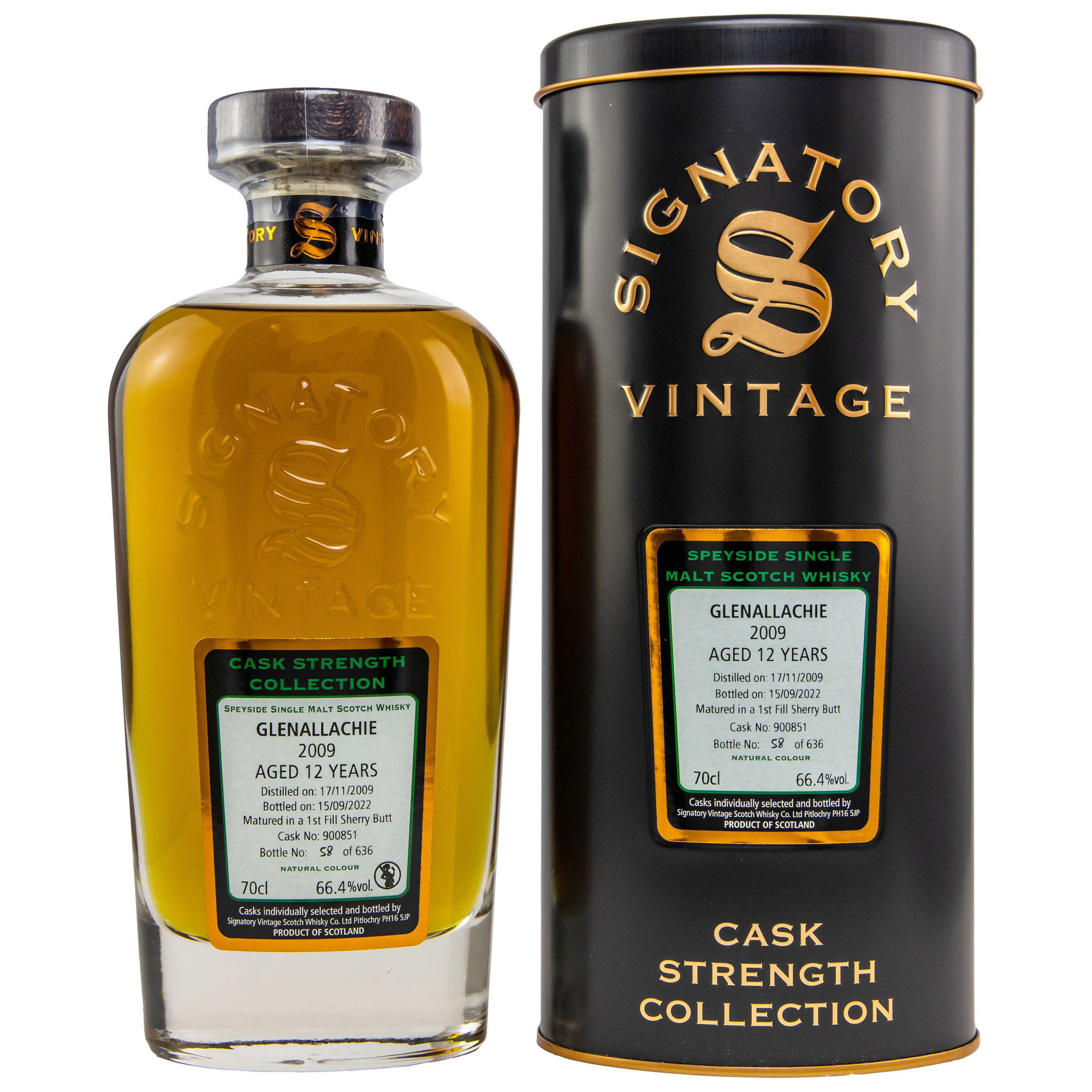 GlenAllachie 12 Jahre (2009-2022) Sherry Butt Cask #900851, 66,4% 0,7 ltr. Signatory Vintage