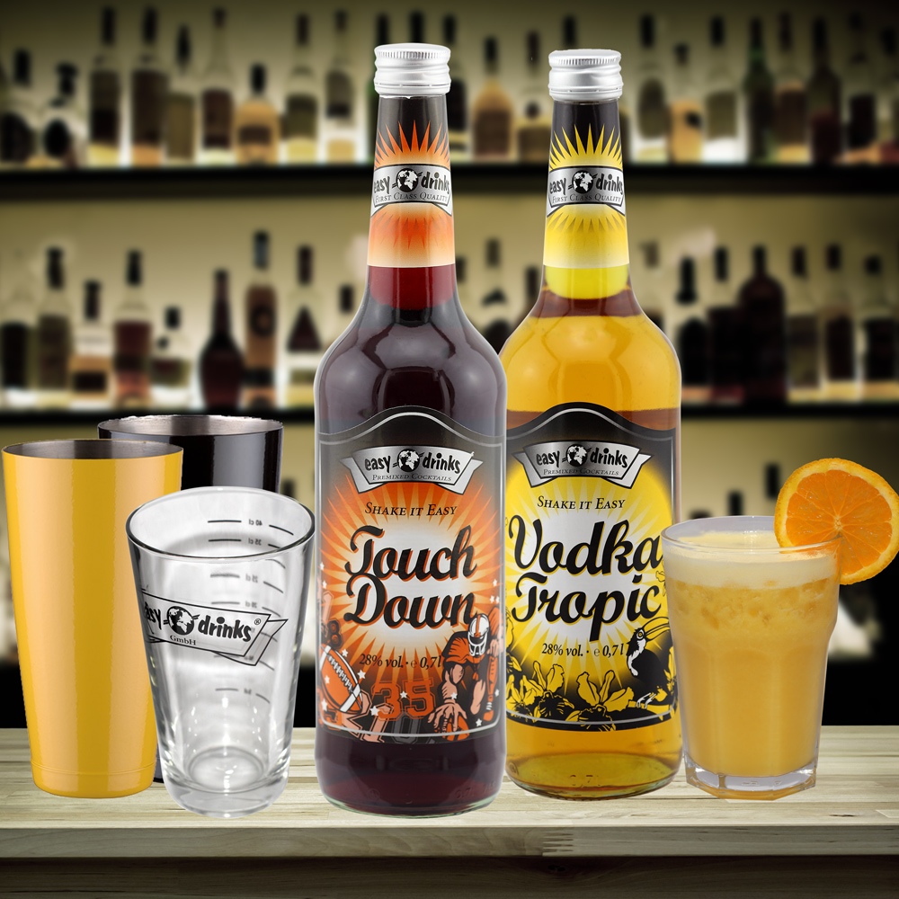 "1 Touch Down/1 Vodka Tropic/6Gläser/1 Shaker Gelb oder Schwarz" im easy drinks Fertigcocktail Set No.12