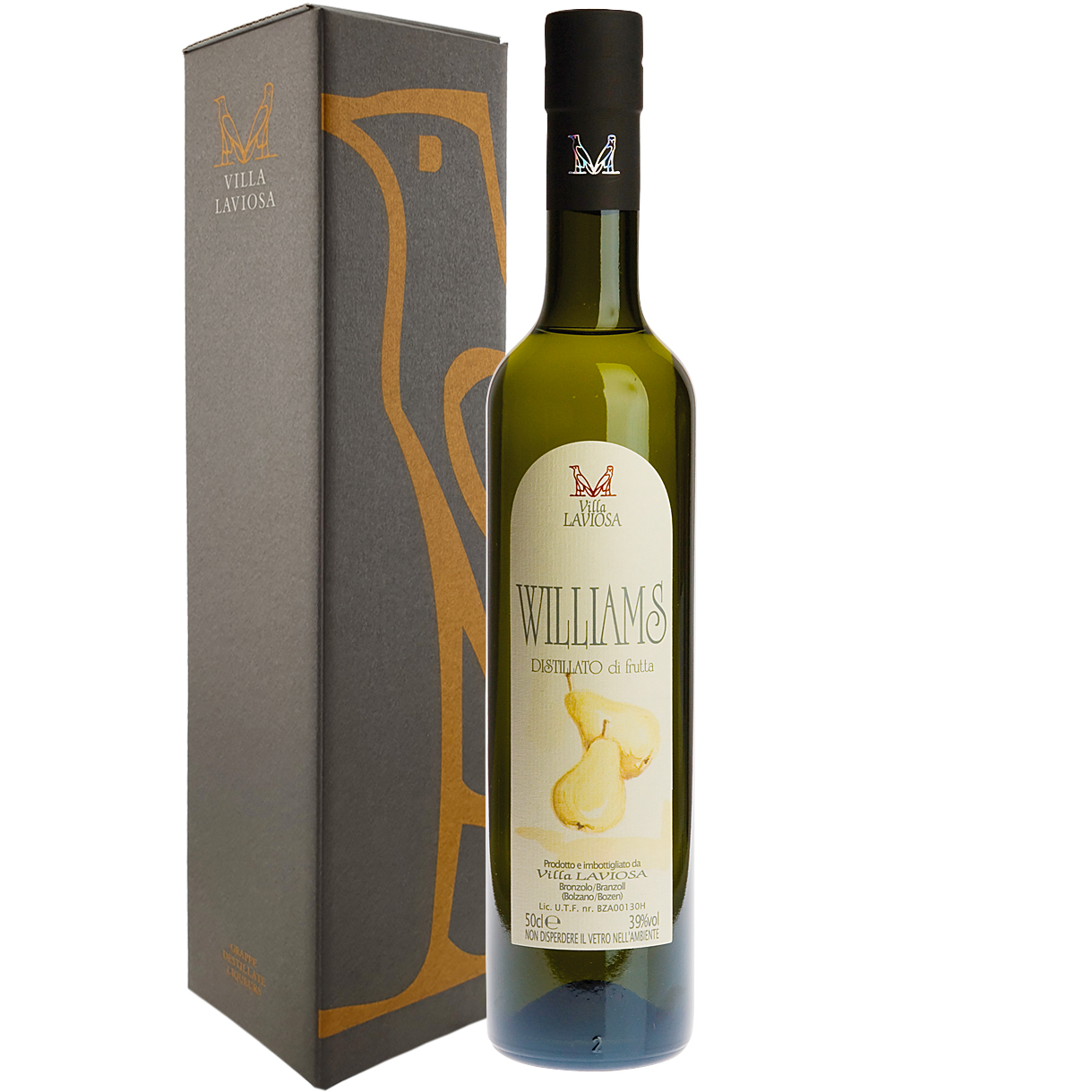 Williams Birne Brand / Destillat / 39% Vol. 0,5 ltr. / Villa Laviosa / Geschenkkarton