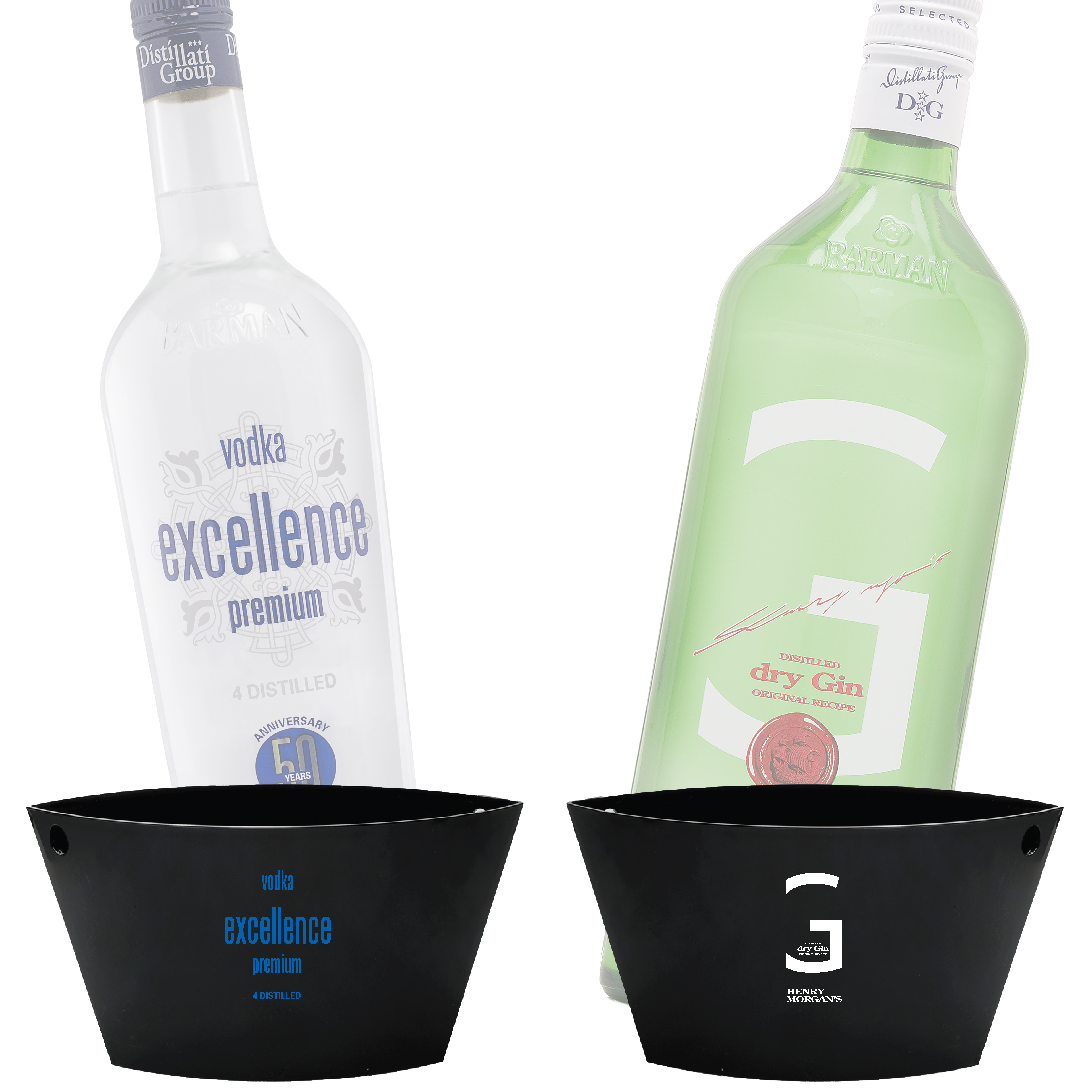 Schwarzer Flaschenkühler mit Excellence Vodka & Henry Norman Gin Logo