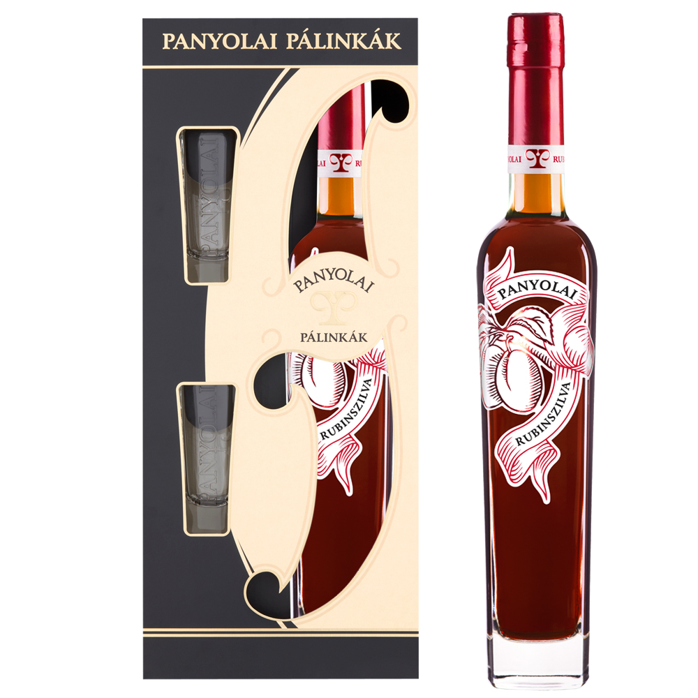 Panyolai Rubin Pflaumen-Brand & 2 Gläser in beiger Geschenkpack., 38% Vol. 0,5 ltr.