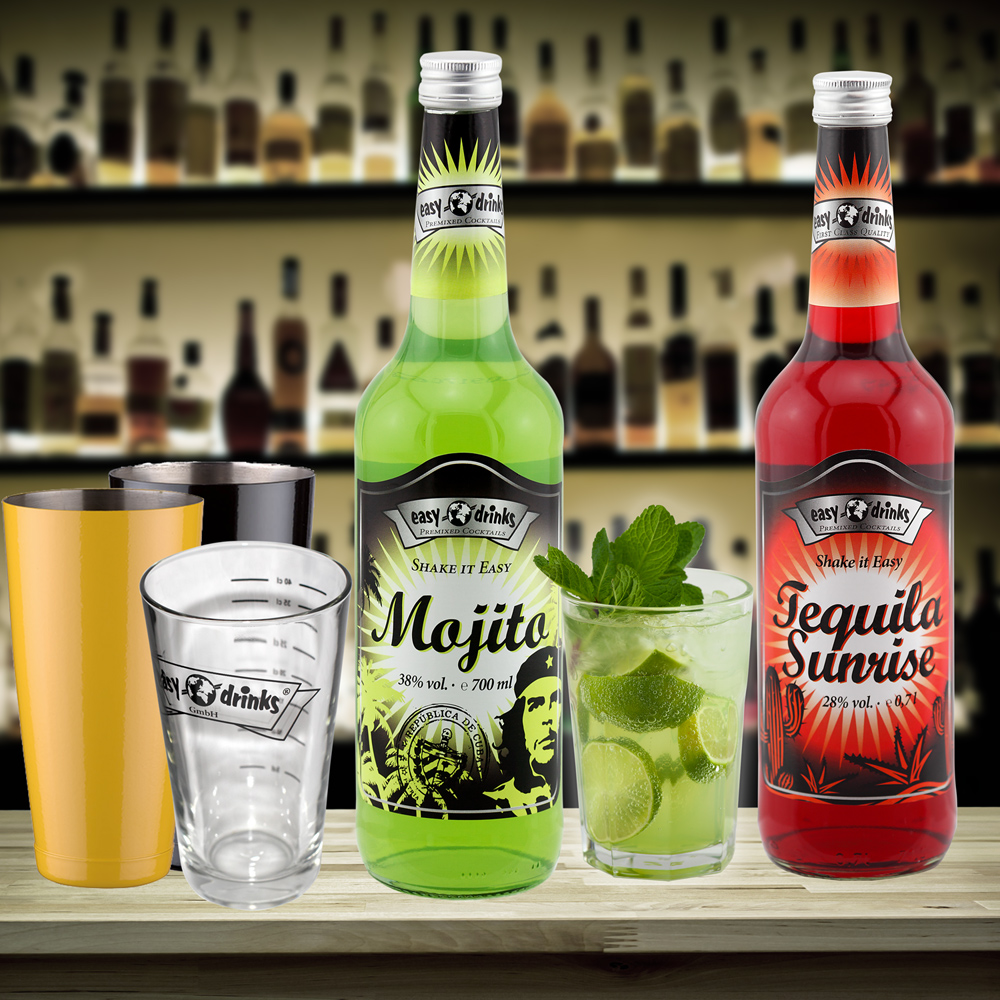 "1 Mojito/1 Tequila Sunrise/6 Gläser/1 Shaker Gelb oder Schwarz" im easy drinks Fertigcocktail Set No.14