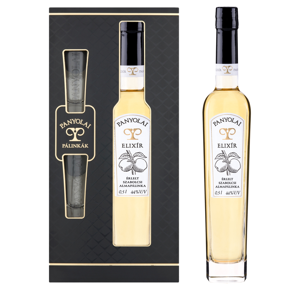 Panyolai  Elixír reifer Apfel-Brand & 2 Gläser in GePa / 44% Vol. 0,5 ltr. / beige oder schwarz