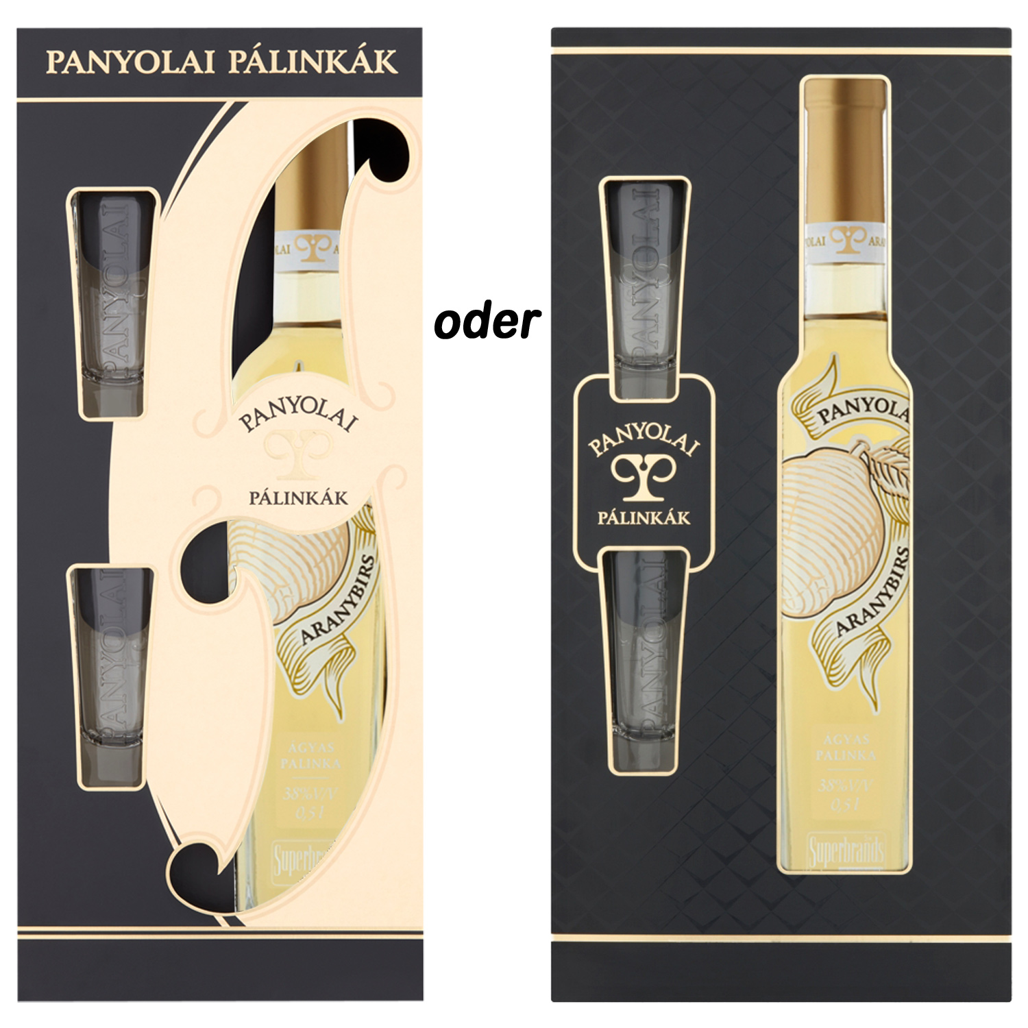 Panyolai Goldener Quitten-Brand & 2 Gläser in GePa / 38% Vol. 0,5 ltr. / beige oder schwarz