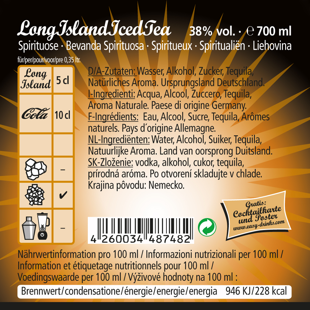 Long Island Iced Tea / Fertigcocktail / 38% Vol. 0,7 ltr. / easy drinks