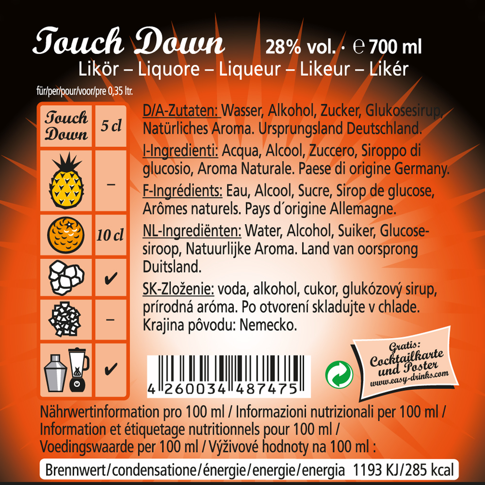 Touch Down / Fertigcocktail / 28% Vol. 0,7 ltr. / easy drinks