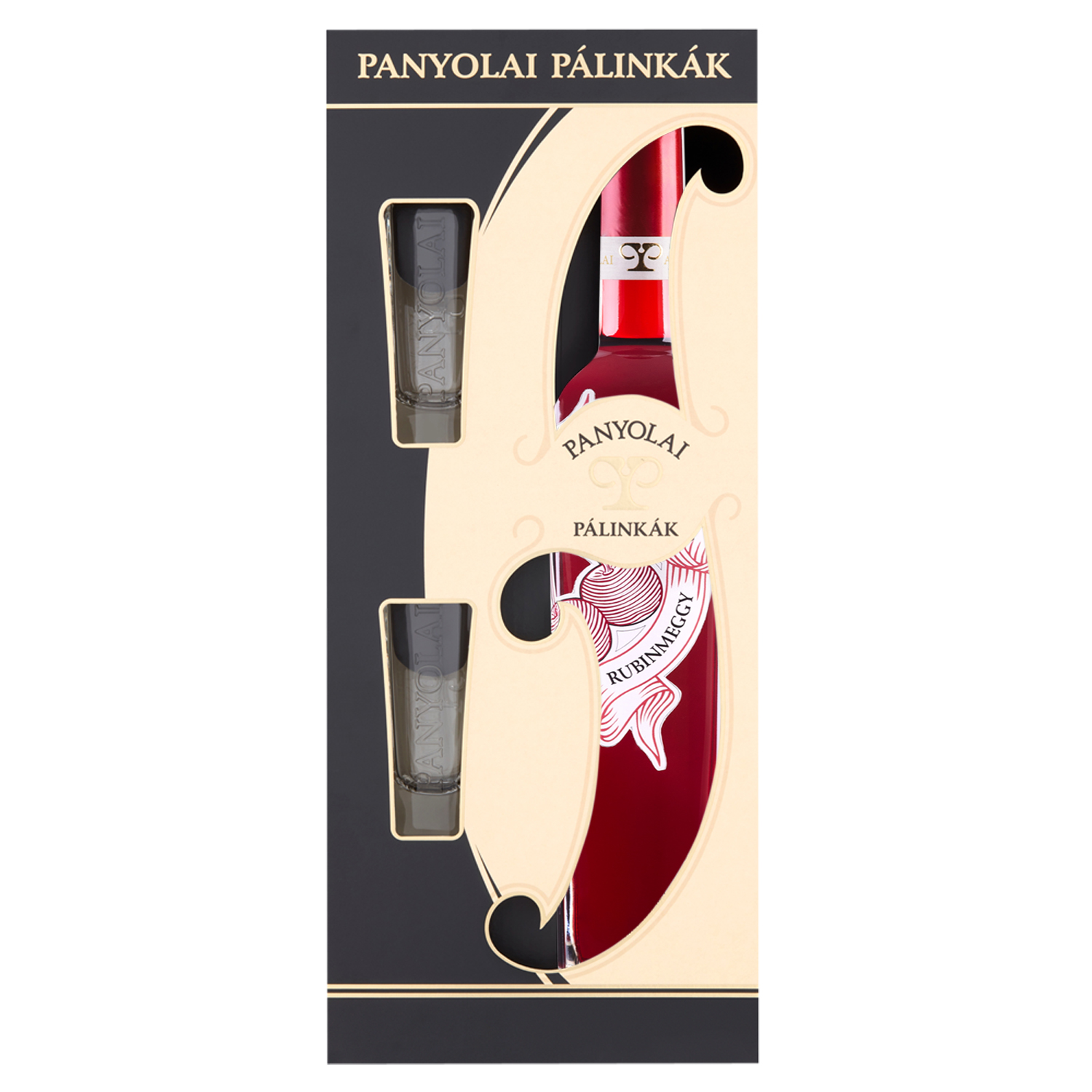Panyolai Rubin Pflaumen-Brand & 2 Gläser in GePa / 38% Vol. 0,5 ltr. / beige oder schwarz