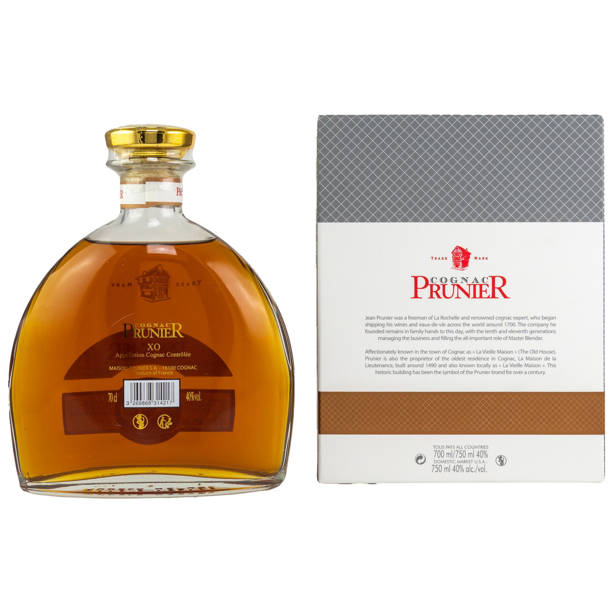 Prunier Carafe XO Cognac 0,7 ltr. 40% Vol. in Geschenkkarton
