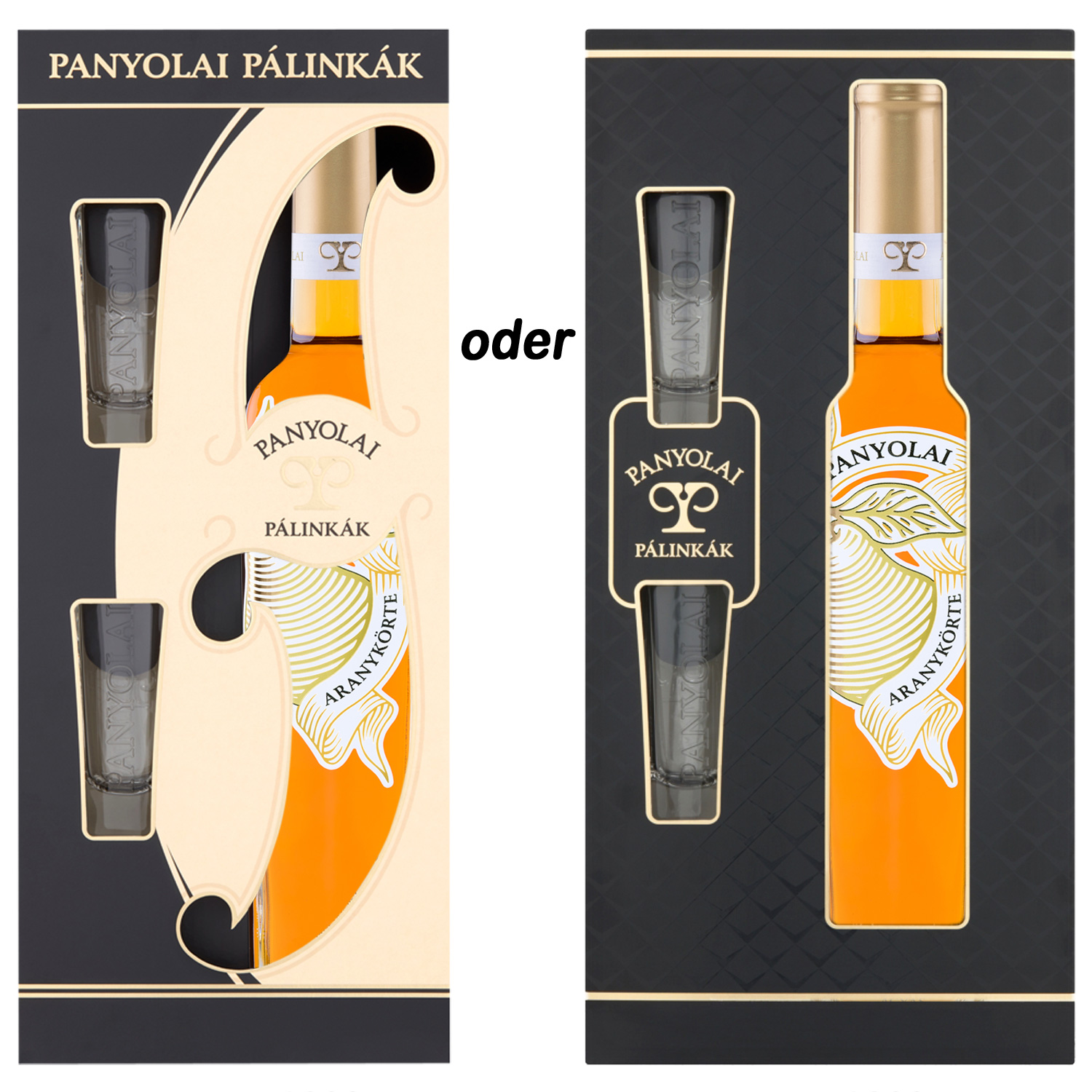 Panyolai Goldene Birne Brand & 2 Gläser in GePa / 38% Vol. 0,5 ltr. / beige oder schwarz