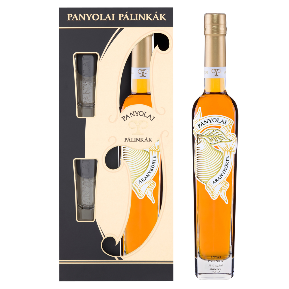 Panyolai Goldene Birne Brand & 2 Gläser in Geschenkpack beige, 38% Vol. 0,5 ltr.