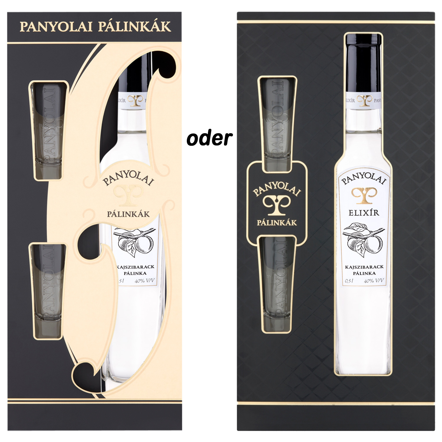 Panyolai Elixír Aprikosen-Brand & 2 Gläser in GePa / 40% Vol. 0,5 ltr. / beige oder schwarz