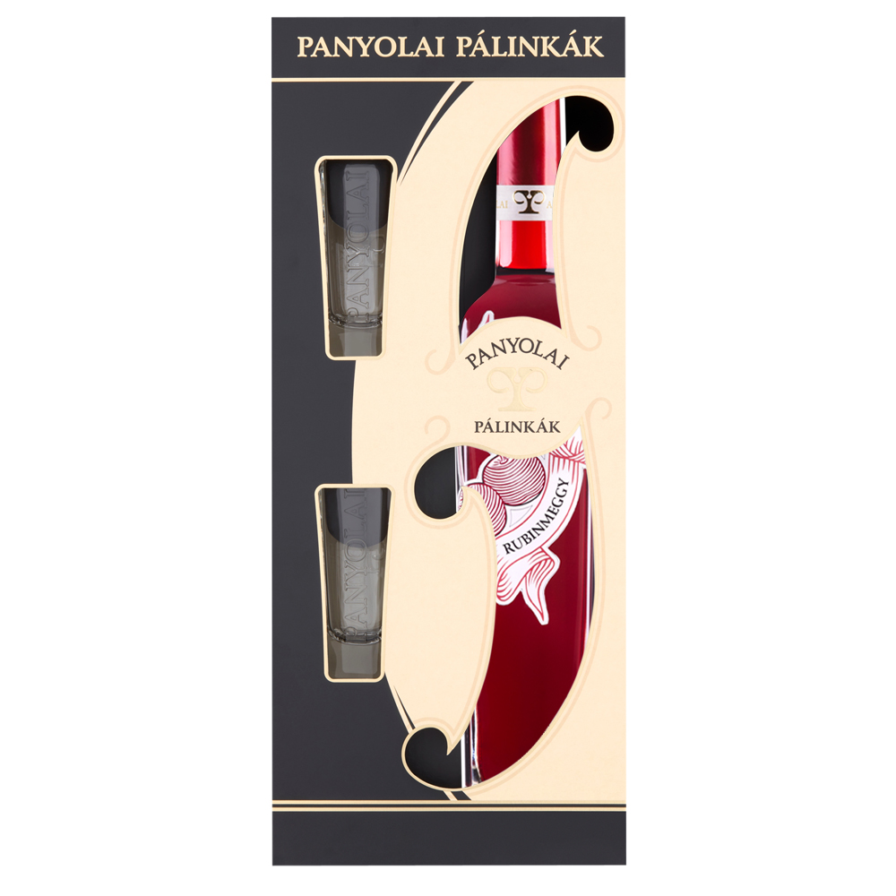 Panyolai Rubinroter Kirsch-Brand & 2 Gläser in beiger Geschenpack., 38% Vol. 0,5 ltr.