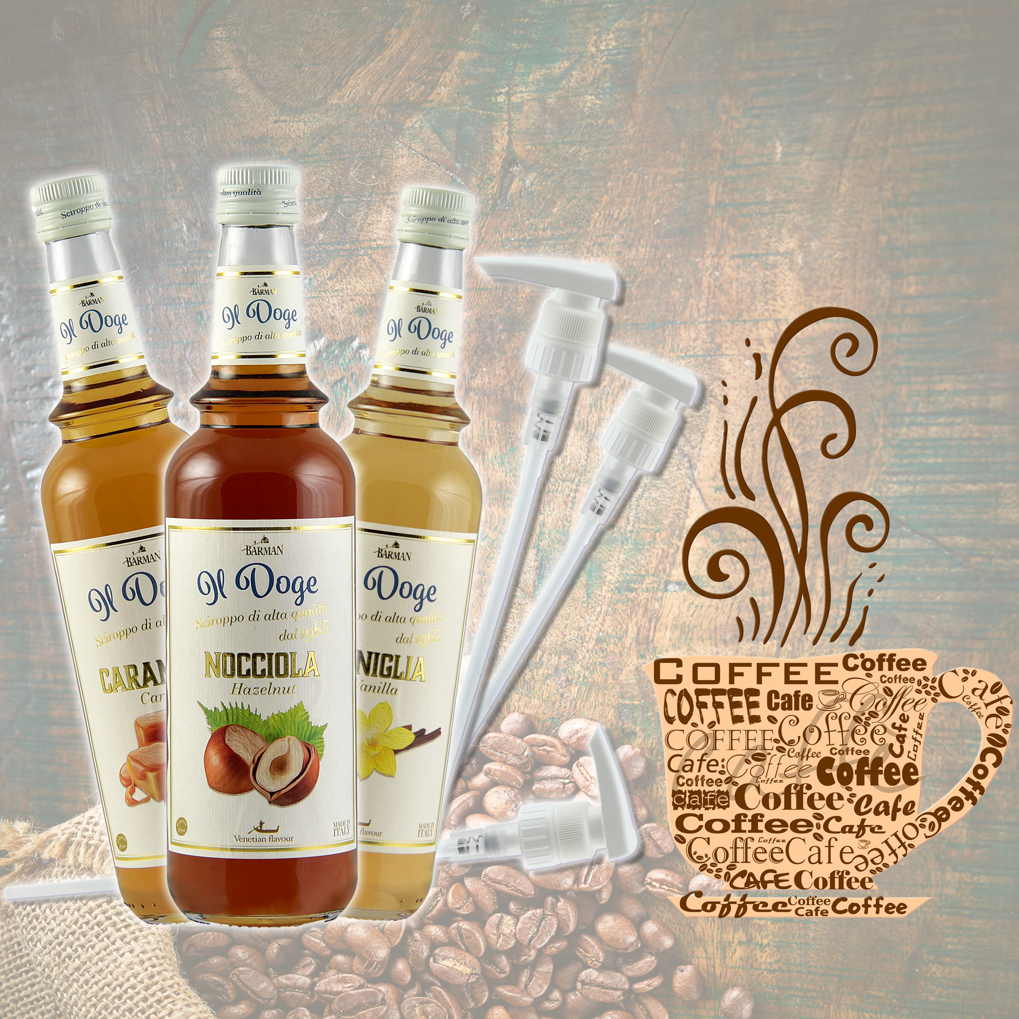 Sparset: je 1 x Il Doge Sirup Haselnuss, Vanille & Karamell 0,7 ltr. + 3 Pumpe gratis