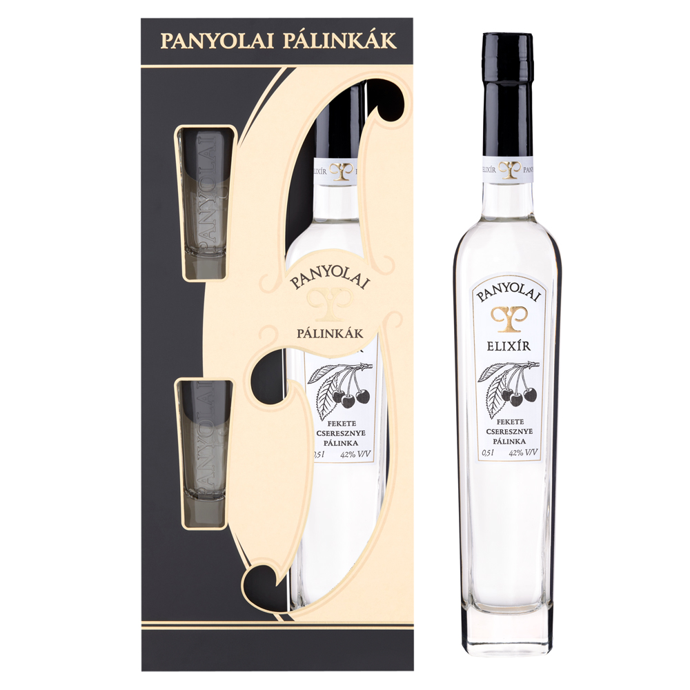 Panyolai Elixír Schwarzkirsch-Brand & 2 Gläser in Geschenkpack beige, 42% Vol. 0,5 ltr.