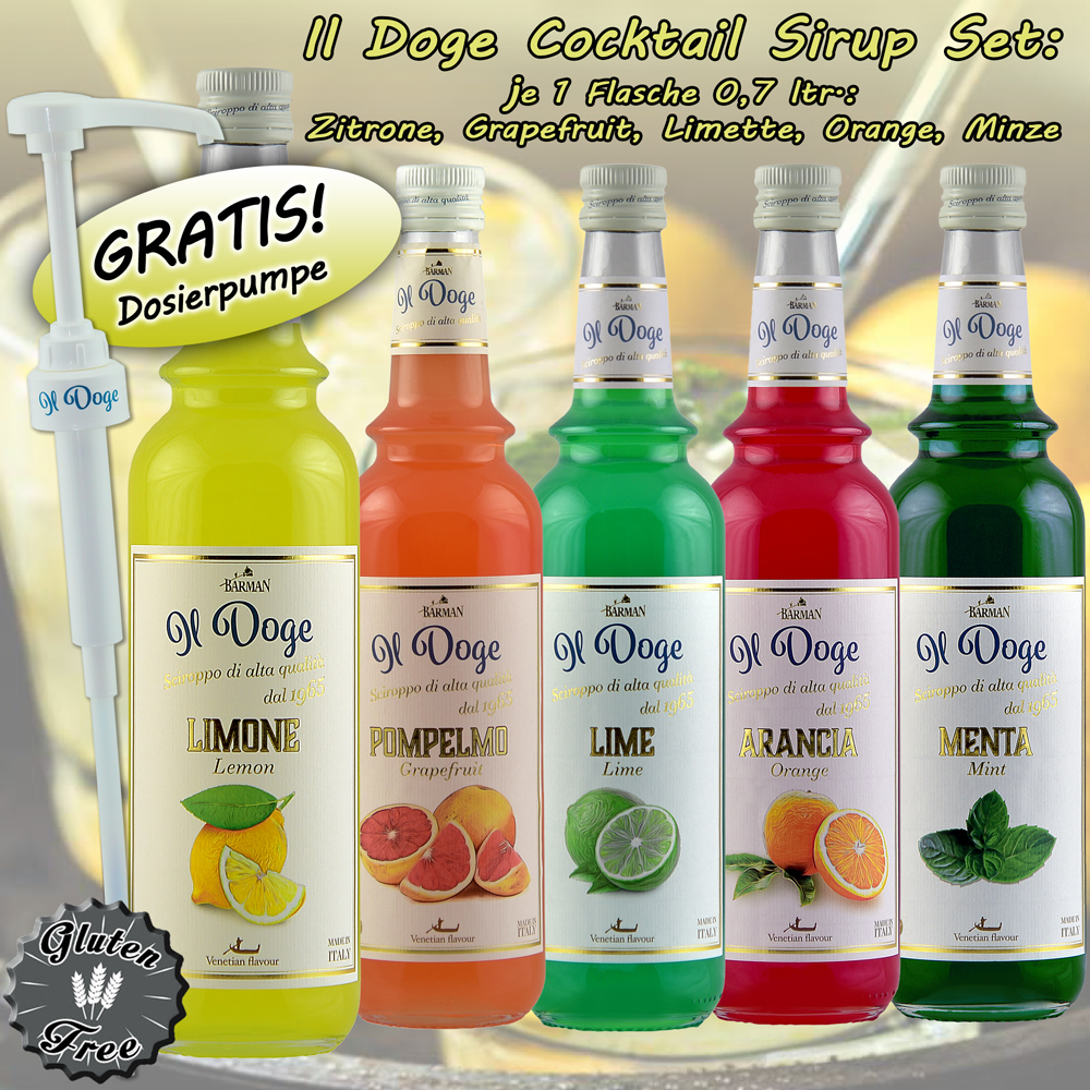Il Doge Sirup Set ZITRUS EDITION : 5 Sorten 0,7 ltr. + 1 Pumpe gratis 