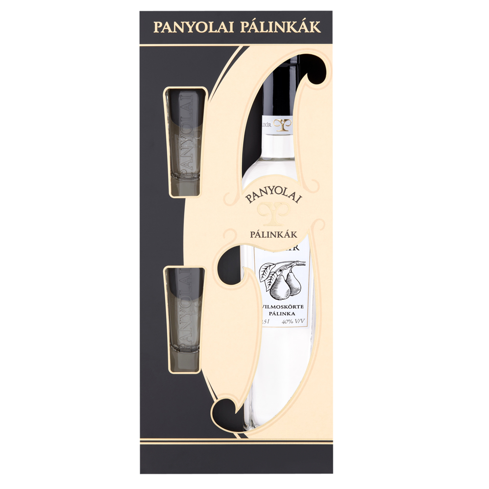 Panyolai Elixir Williamsbirne-Brand & 2 Gläser in Geschenkpack beige, 40% Vol. 0,5 ltr.