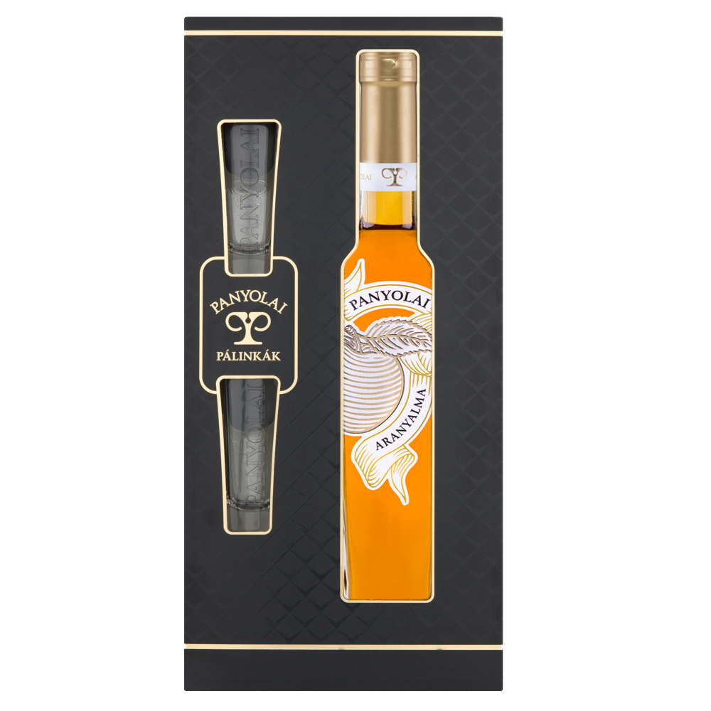 Panyolai Goldener Apfel-Brand & 2 Gläser in GePa / 38% Vol. 0,5 ltr. / beige oder schwarz