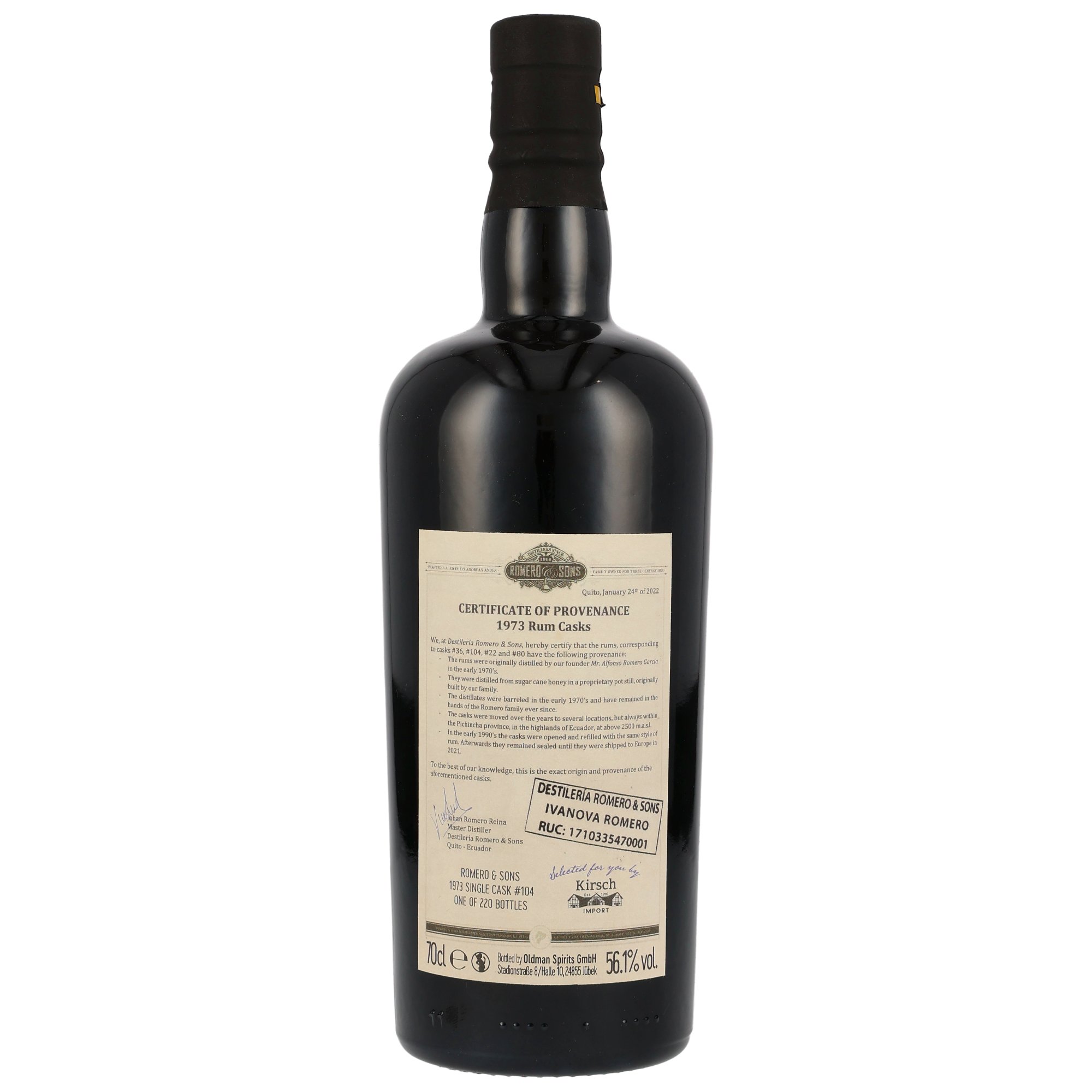 FRC Romero & Sons 1973 Ecuador Rum / 56,1% Vol. 0,7 ltr. / Single Cask #104