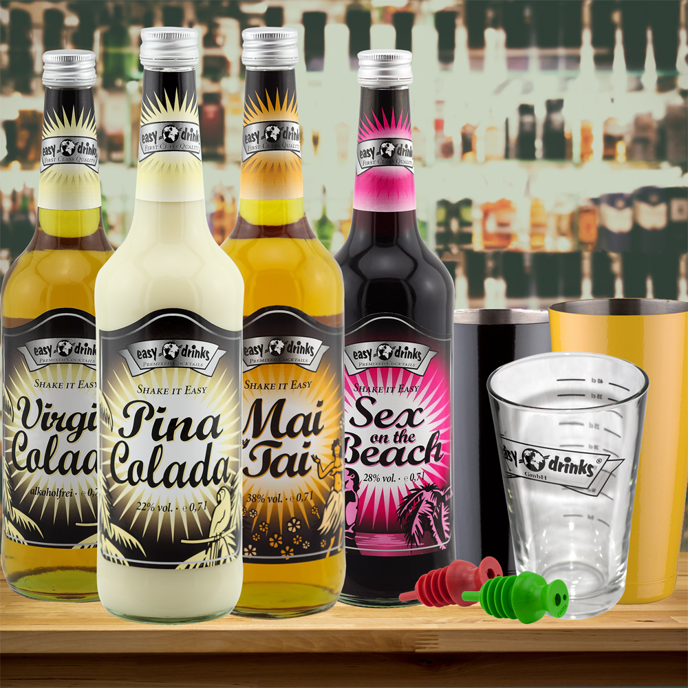 "je 1 Virgin & Pina Colada, Sex on the Beach, Mai Tai Shaker Gelb/Schwarz, 4 Ausgießer,6 Gläser" im Set No.17