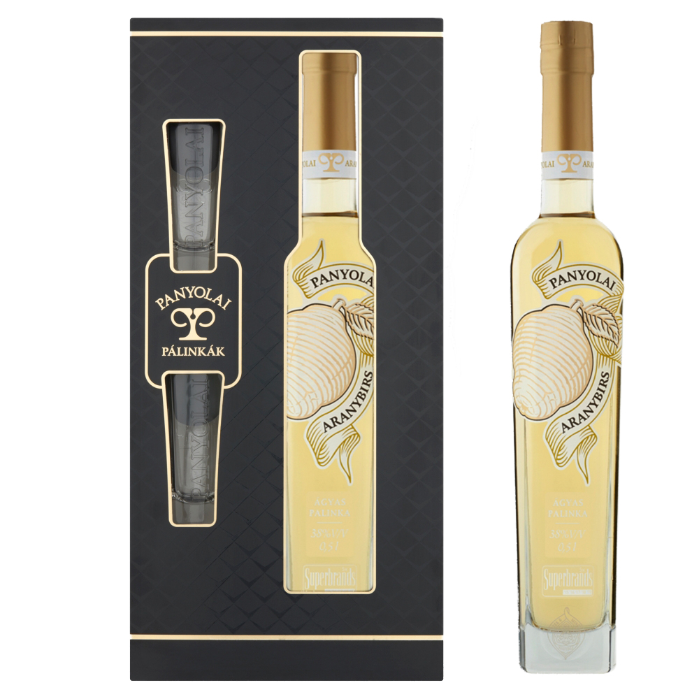 Panyolai Goldener Quitten-Brand & 2 Gläser in GePa / 38% Vol. 0,5 ltr. / beige oder schwarz